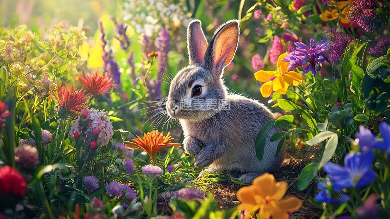 高清大图下载【趣麦麦图】可爱兔子花丛中