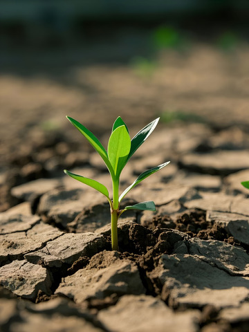 绿色幼苗在干旱土壤中生长