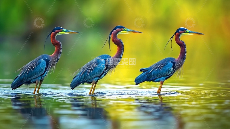 高清大图下载【趣麦麦图】三只蓝鹭在浅水中站立