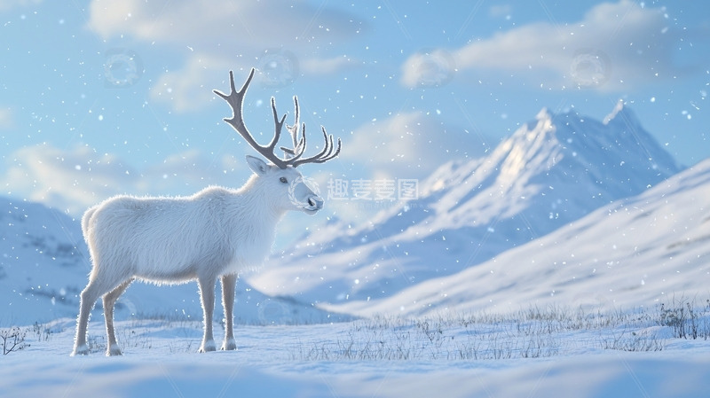 高清大图下载【趣麦麦图】雪地里一只白色的雄鹿