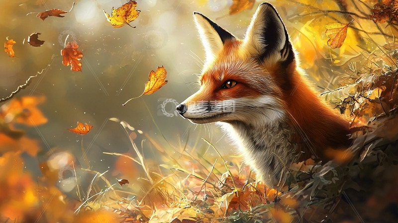 高清大图下载【趣麦麦图】秋日森林里一只红狐