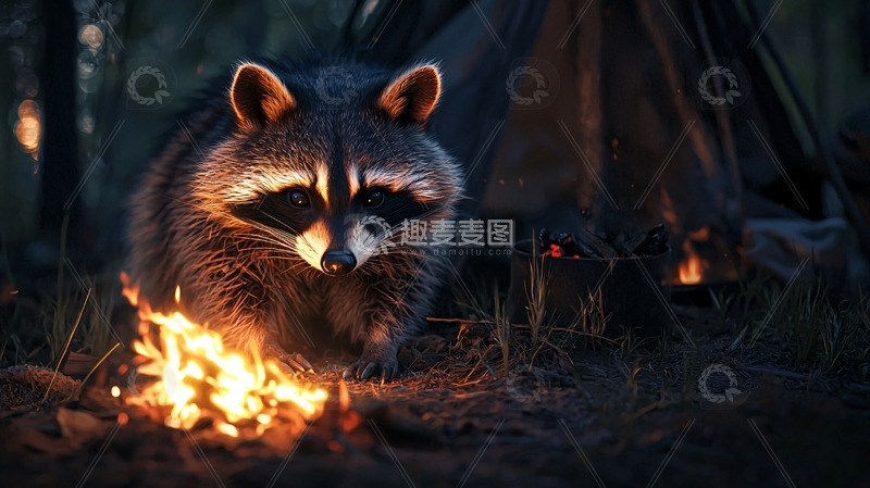 高清大图下载【趣麦麦图】浣熊篝火夜间