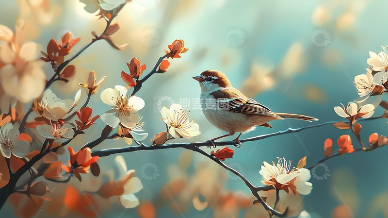 高清大图下载【趣麦麦图】春天小鸟栖息枝头