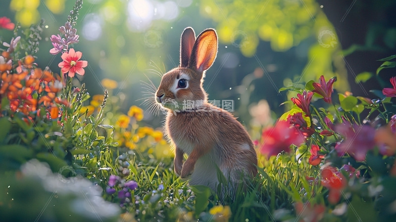 高清大图下载【趣麦麦图】阳光下的小兔子与鲜花