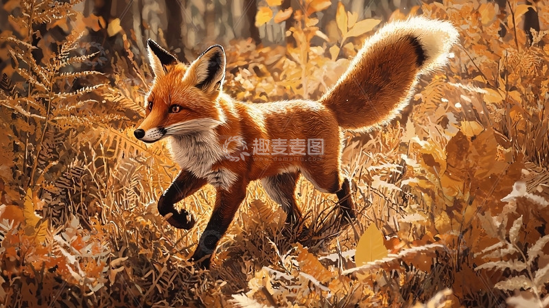 高清大图下载【趣麦麦图】秋天森林里奔跑的红狐