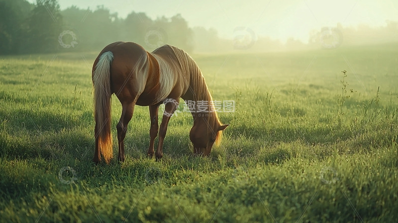 高清大图下载【趣麦麦图】晨雾中吃草的马匹