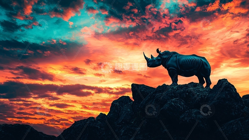 高清大图下载【趣麦麦图】犀牛日落剪影
