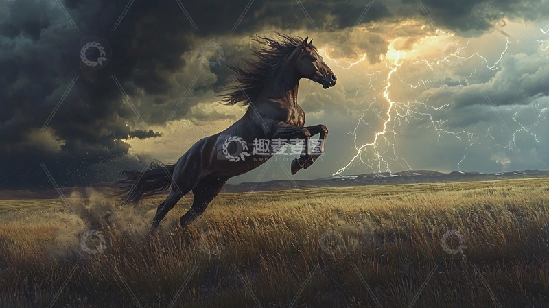 高清大图下载【趣麦麦图】黑马闪电暴风雨草原