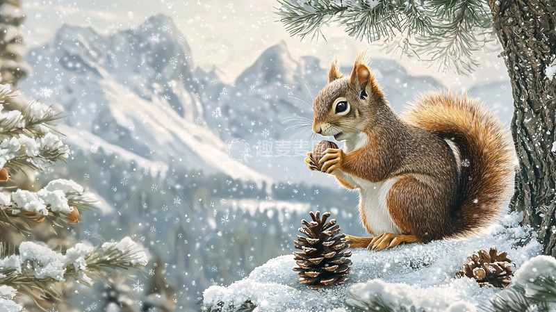 高清大图下载【趣麦麦图】雪山松鼠吃松果