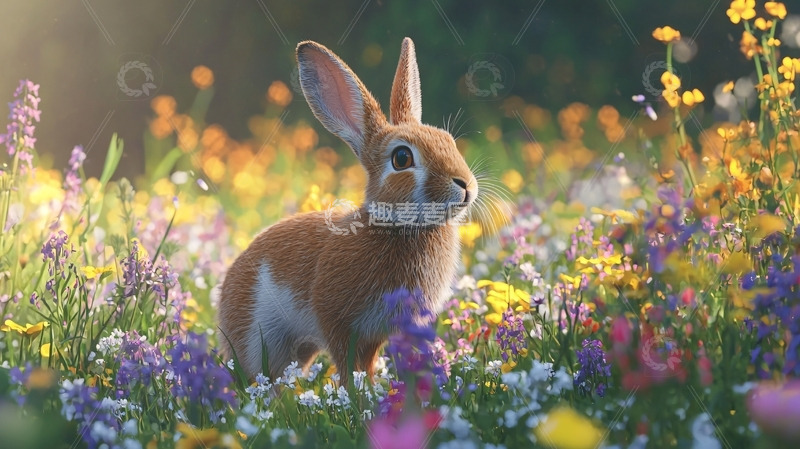 高清大图下载【趣麦麦图】阳光下花丛中的兔子