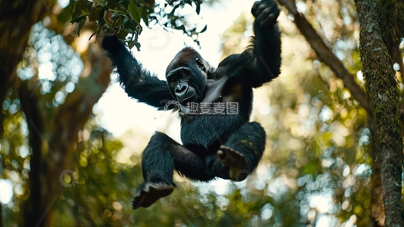 高清大图下载【趣麦麦图】大猩猩树上跳跃