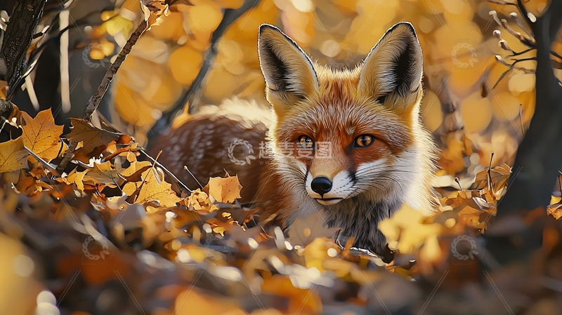 高清大图下载【趣麦麦图】秋日森林里一只红狐