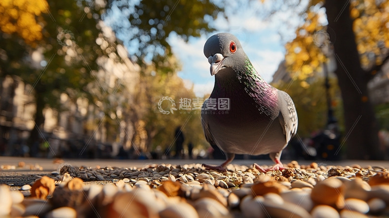 高清大图下载【趣麦麦图】秋日公园里觅食的鸽子
