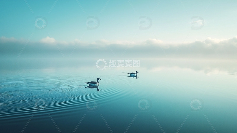 高清大图下载【趣麦麦图】宁静清晨湖面两鸟