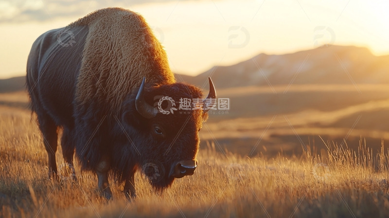 高清大图下载【趣麦麦图】落日余晖下的美洲野牛