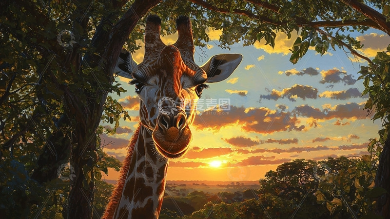 高清大图下载【趣麦麦图】长颈鹿日落剪影