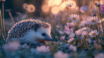 夕阳下的小刺猬与花丛