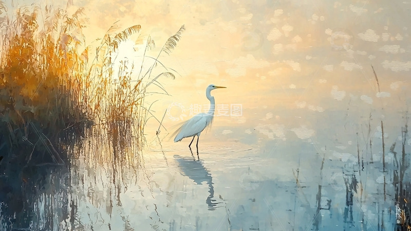 高清大图下载【趣麦麦图】清晨白鹭芦苇荡