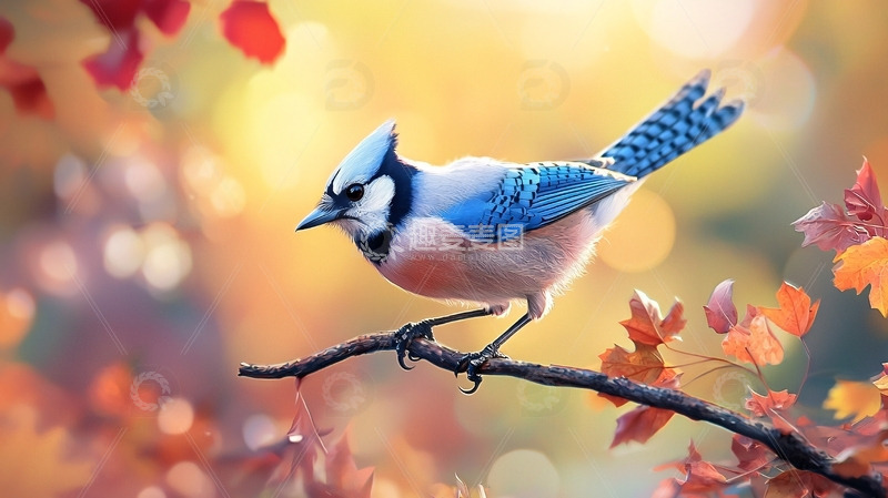 高清大图下载【趣麦麦图】蓝松鸦栖息枝头秋叶