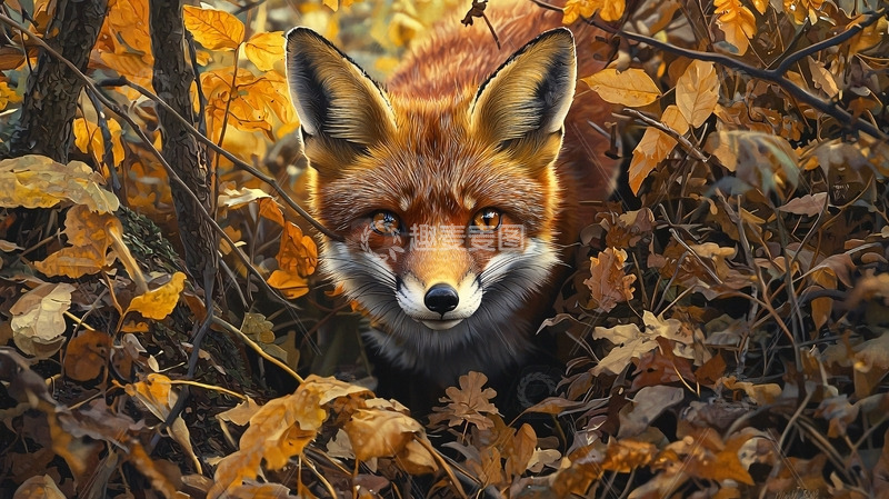 高清大图下载【趣麦麦图】红狐秋叶丛中凝视
