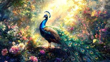 孔雀在鲜花盛开的梦幻花园