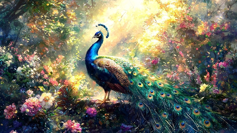 高清大图下载【趣麦麦图】孔雀在鲜花盛开的梦幻花园
