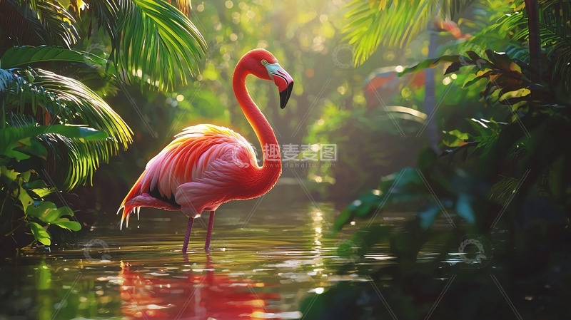 高清大图下载【趣麦麦图】热带雨林中一只火烈鸟
