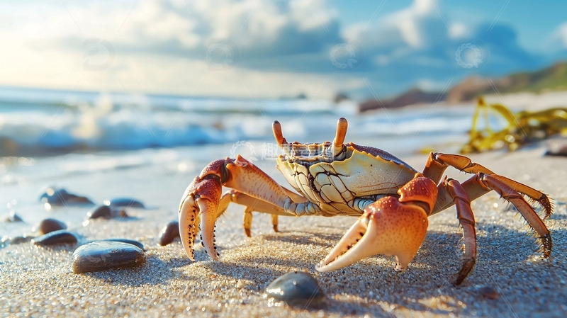 高清大图下载【趣麦麦图】海滩上橙色螃蟹特写