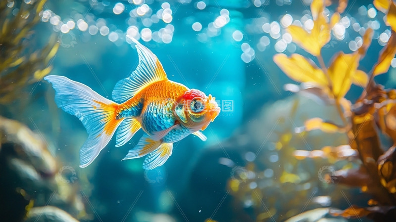 高清大图下载【趣麦麦图】水族箱里一只金鱼