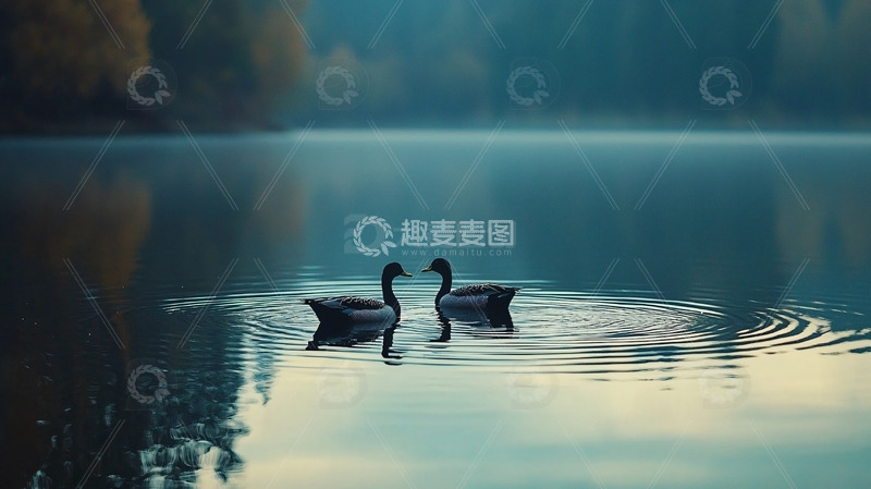 高清大图下载【趣麦麦图】湖面两黑天鹅