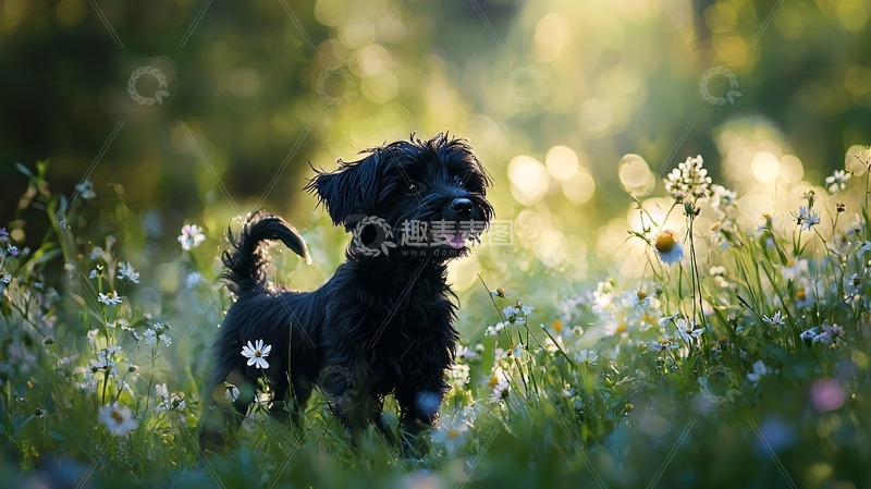 高清大图下载【趣麦麦图】黑狗在花丛中玩耍