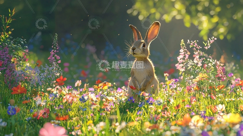 高清大图下载【趣麦麦图】阳光下花田里的兔子