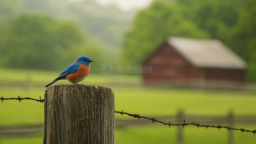 蓝鸟停在篱笆桩上