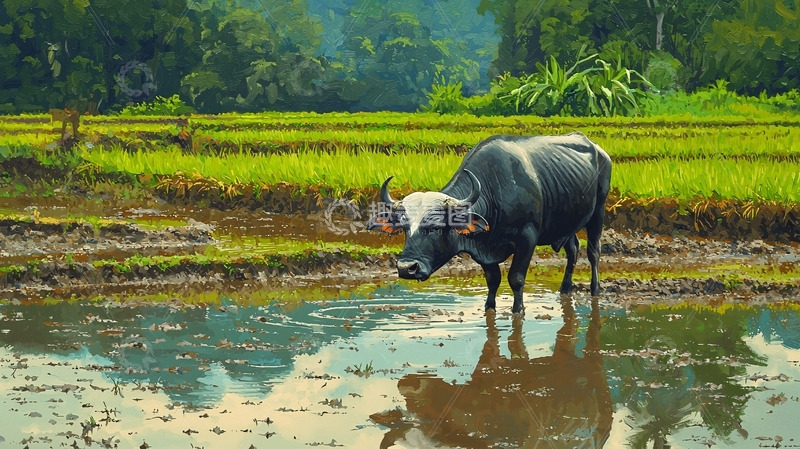 高清大图下载【趣麦麦图】水牛在稻田里