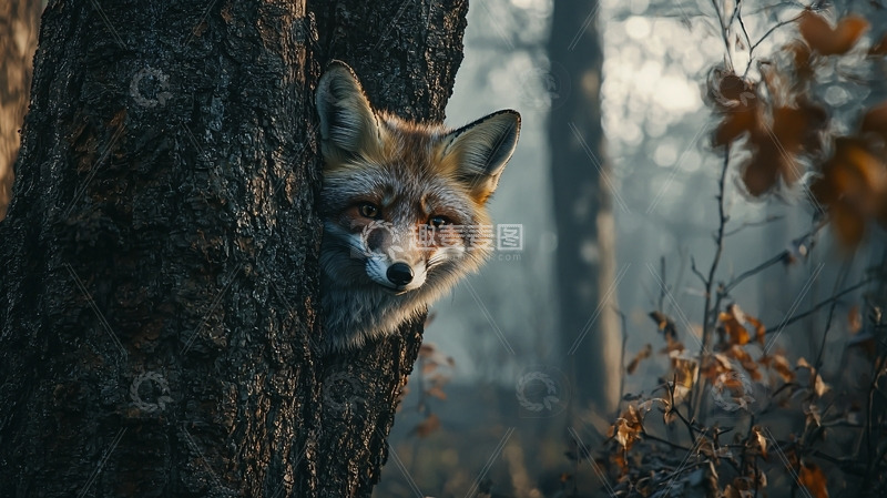 高清大图下载【趣麦麦图】红狐躲在大树后面