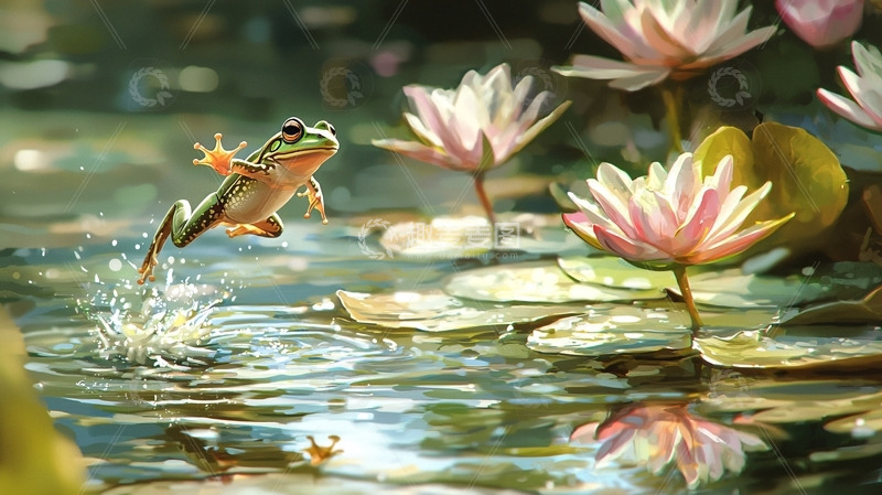 高清大图下载【趣麦麦图】青蛙跳跃荷花池塘