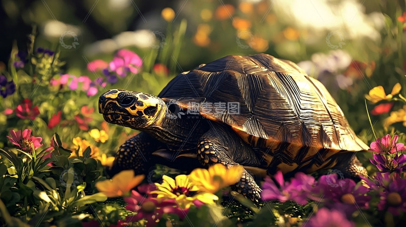 高清大图下载【趣麦麦图】乌龟在鲜花丛中