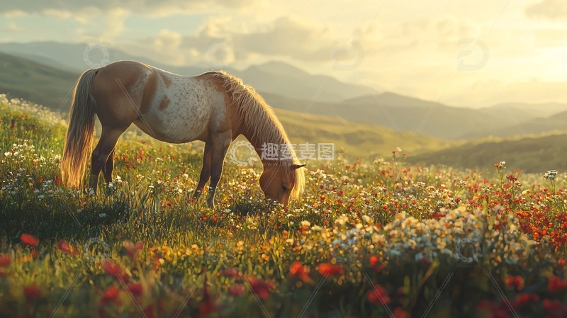 高清大图下载【趣麦麦图】阳光下山坡上的马儿