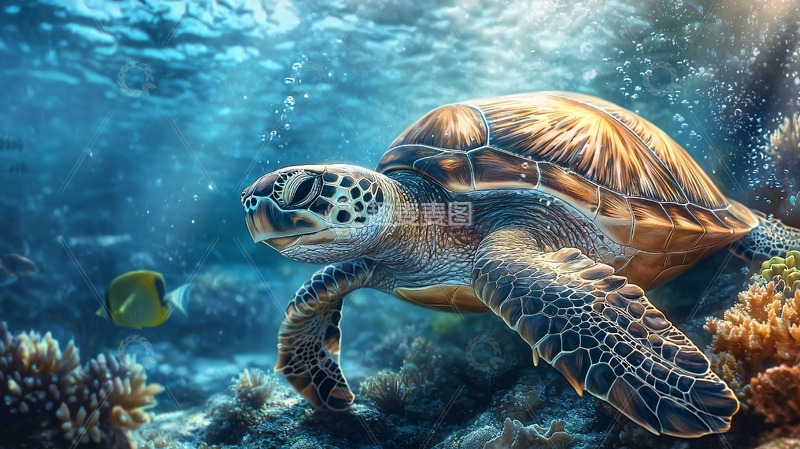 高清大图下载【趣麦麦图】海龟在珊瑚礁中游泳