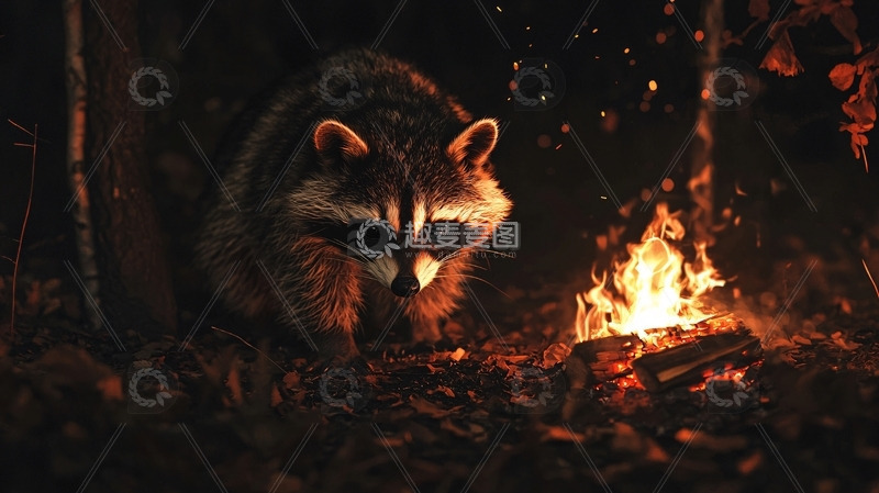 高清大图下载【趣麦麦图】夜间森林浣熊篝火
