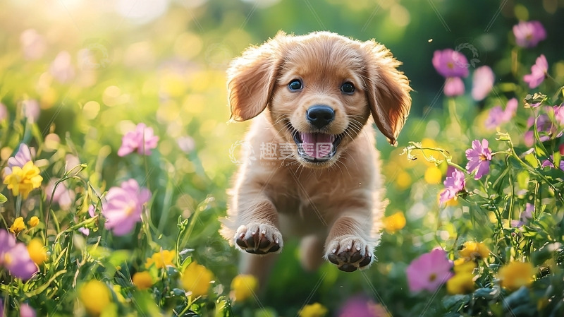 高清大图下载【趣麦麦图】可爱金毛幼犬跳跃花丛