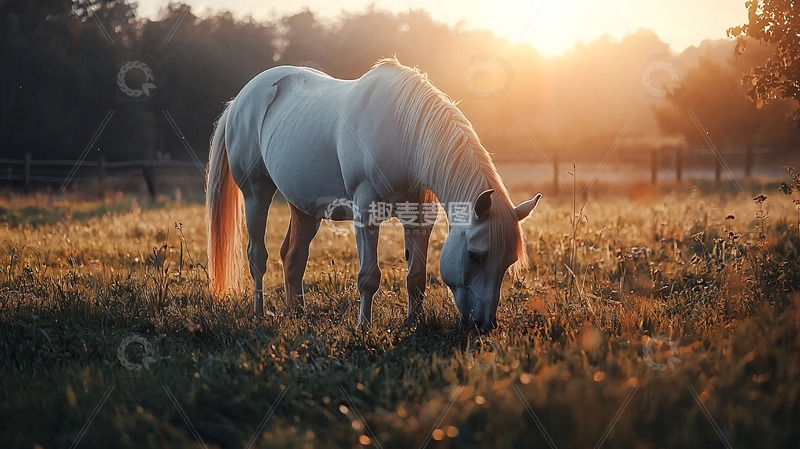 高清大图下载【趣麦麦图】清晨牧场白马吃草