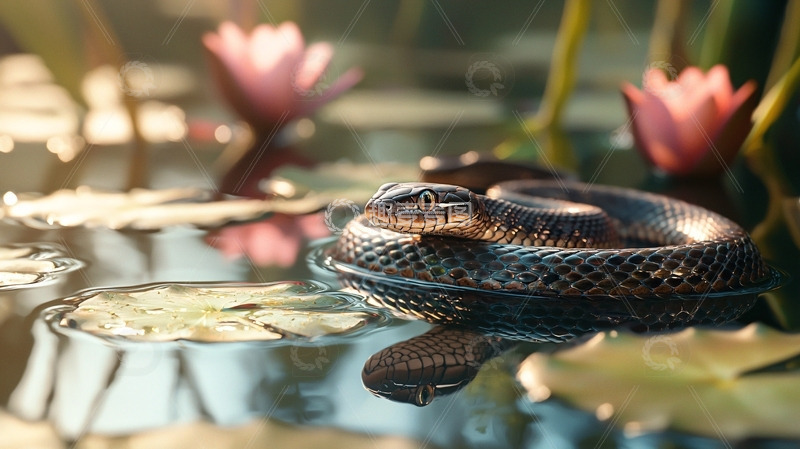 高清大图下载【趣麦麦图】水塘里盘踞的黑色蛇