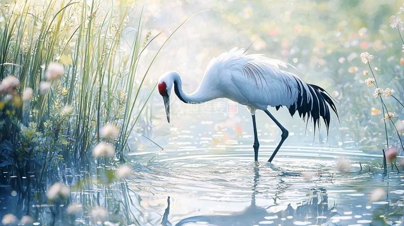 高清大图下载【趣麦麦图】仙鹤水中漫步