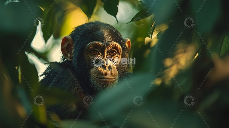 高清大图下载【趣麦麦图】树叶间的小黑猩猩