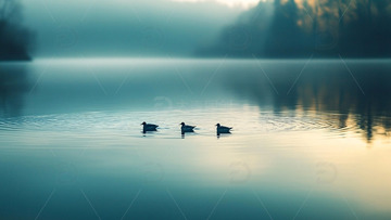 雾气湖面三只水鸟