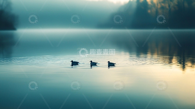 高清大图下载【趣麦麦图】雾气湖面三只水鸟