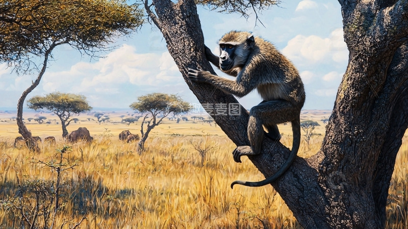 高清大图下载【趣麦麦图】非洲草原猴树