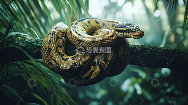 高清大图下载【趣麦麦图】树枝上卷曲的蟒蛇