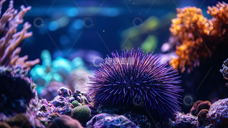 高清大图下载【趣麦麦图】深海紫色海胆珊瑚礁背景